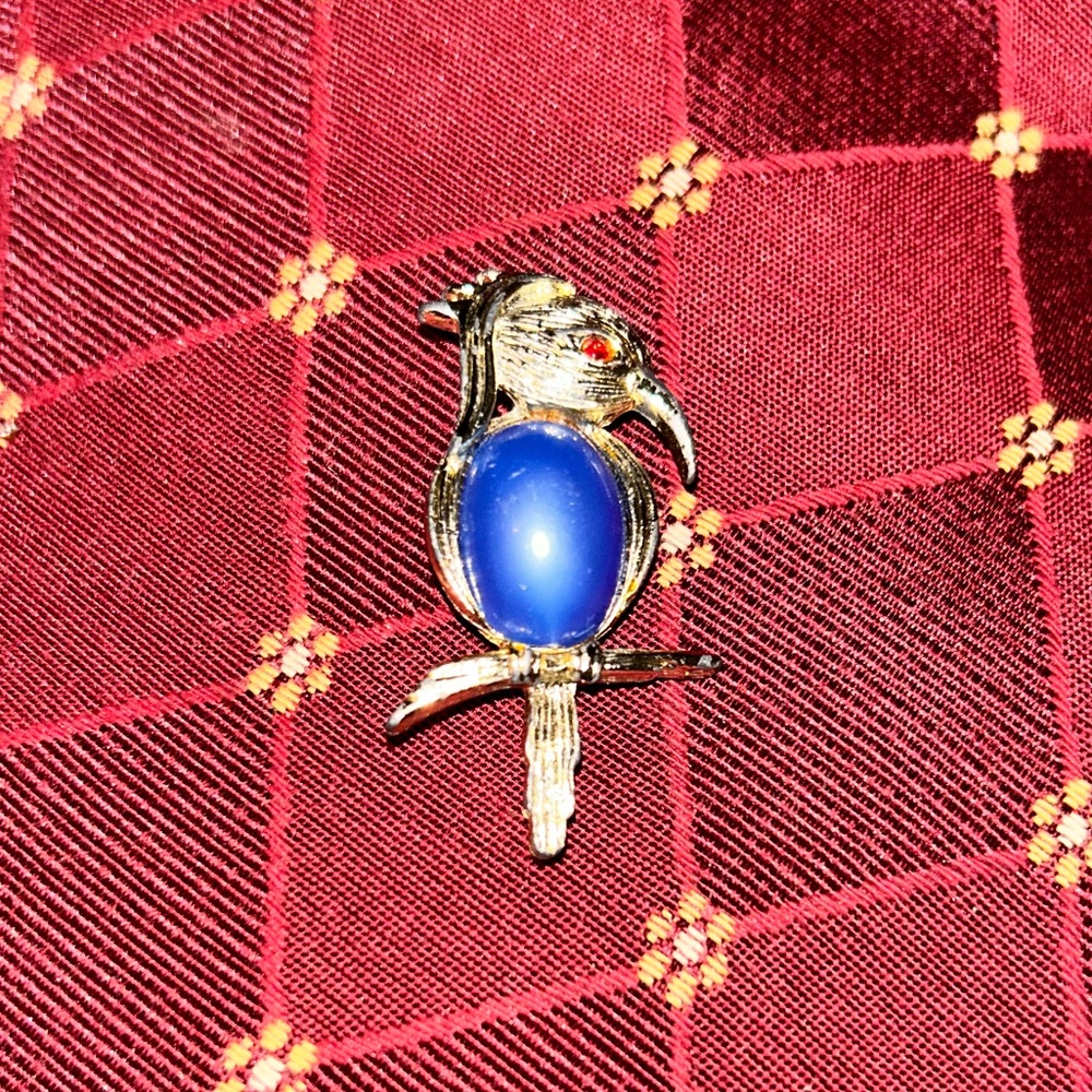 Blue stone silver tone vintage bird brooch
